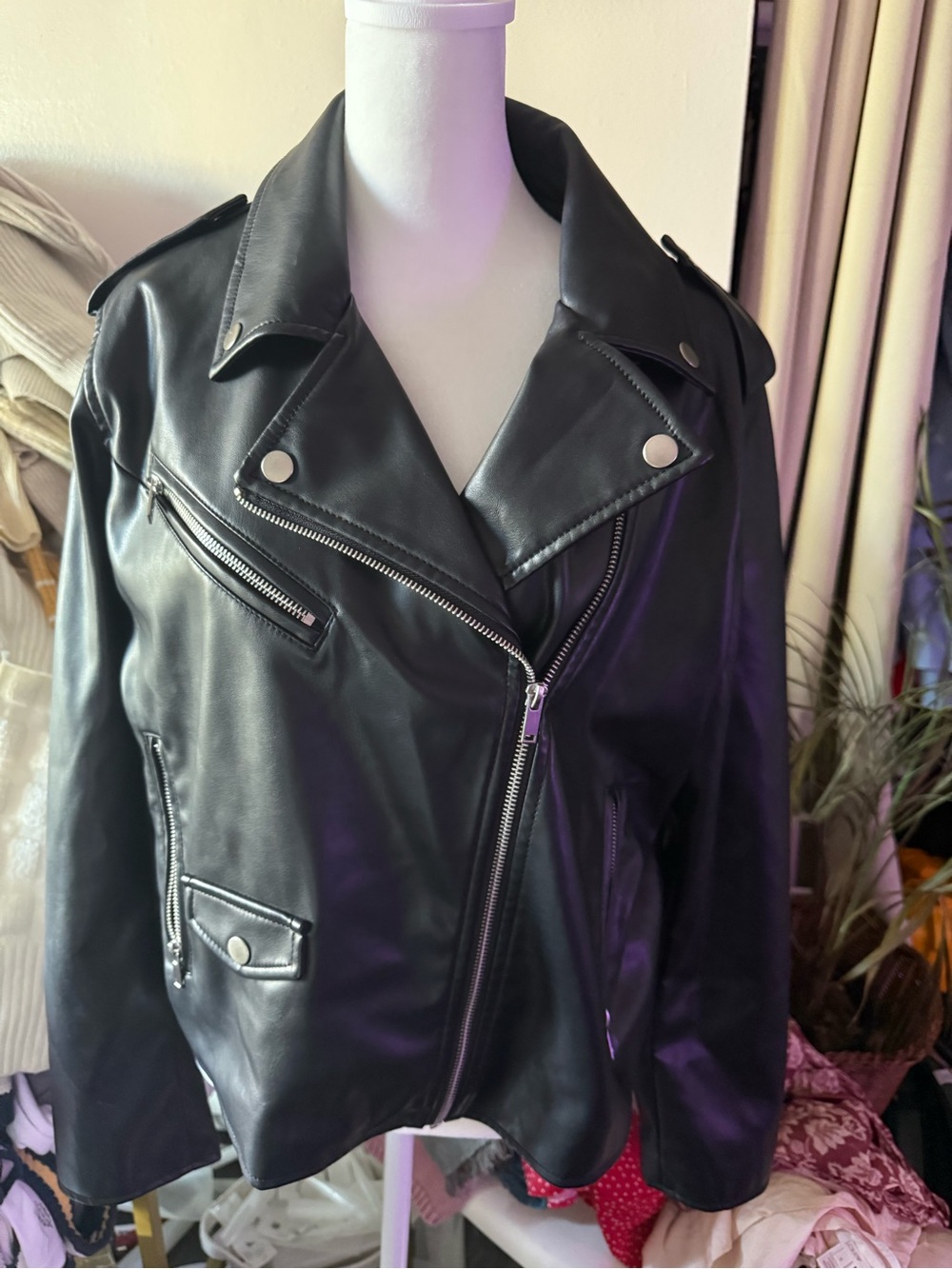 Nine West Black Faux Leather Moto Jacket with Silver Hardware